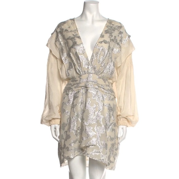 IRO ivory long sleeve dress with silver metallic embroidery - FR 42 (US 10) - Picture 6 of 8